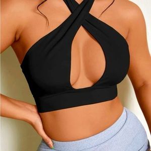 Cut out crossover backless halter crop top from SHEIN.